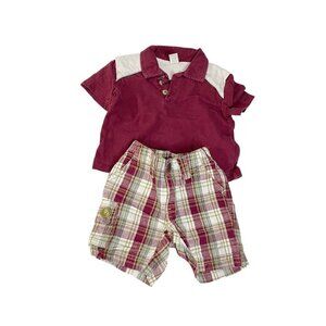 TEA Collection Maroon Baby Outfit Set 6-12 Month Polo Plaid Shorts Casual